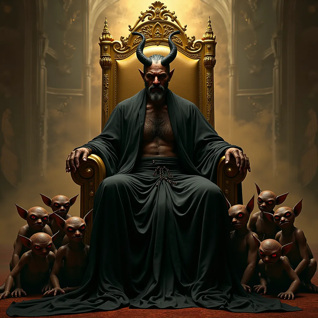 the devil sits on a golden throne. this is a man in his 40s wearing a black robe. he has little horns and an angry look. scary little goblins sit next to his feet