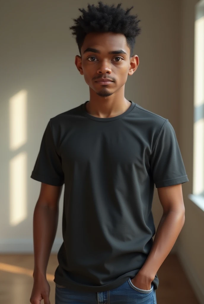 Ultra-realistic 3D render of a young man in his early twenties, with medium brown skin, short curly black hair, and dark brown eyes. He has a strong jawline and a determined expression. Dressed in casual contemporary clothing, such as a fitted t-shirt and ...