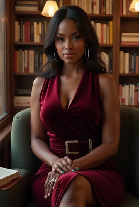 A curvaceous Black woman in a burgundy velvet wrap dress in a warmly lit bookstore, highlighting delicate silver rings and classic black heeled pumps, her hair in a sophisticated low ponytail with face-framing pieces.

