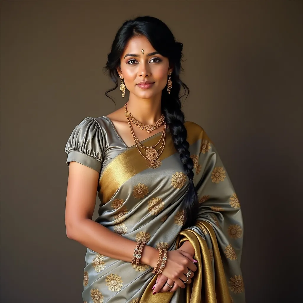 Gorgeous fair mature womens in 30s wearing silk saree satin, Pleated cap Puff Sleeve Blouses, look ultra realistic human wearing bangle, wearing bindi, gold Jhumka Earrings and necklace, long Hair Braid on right side, curvaceous body, staright pose for cam...