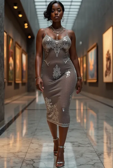 A curvaceous Black woman in a fitted, sleeveless bodycon dress crafted from shimmering silver mesh with intricate lace appliqué along the neckline, paired with strappy metallic heels and layered chain necklaces. Her hair is arranged in a glossy low bun, wi...