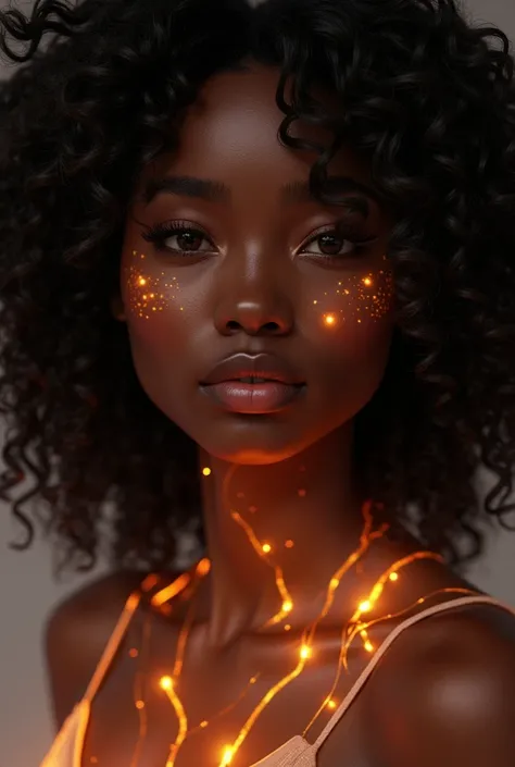 Black girl with illuminated skin, full wavy hair , high