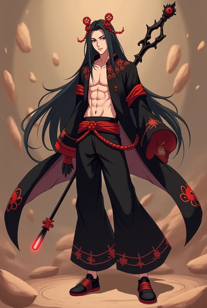 A male anime character with a long black hair with red ornaments on his head, a black shirt with red, showing his chest, black trousers with red, black shoes in the Chinese black series with red stripes, with a long magic wand in the top, with a long black...