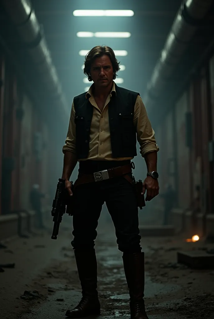  Han alone (Incident Response )  is at the bottom,  with a blaster in hand ,  responding to an emergency.