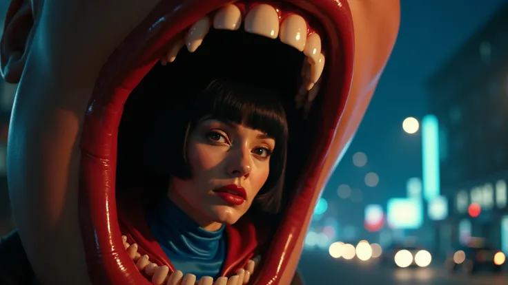 A high budget cinematic style shot of a supermodel woman, her head and shoulders poking out of the back of the inside of a giantess’ mouth, dressed in a sexy red and blue superhero costume, fair skin, straight short hair with blunt bangs, large breasts. Be...