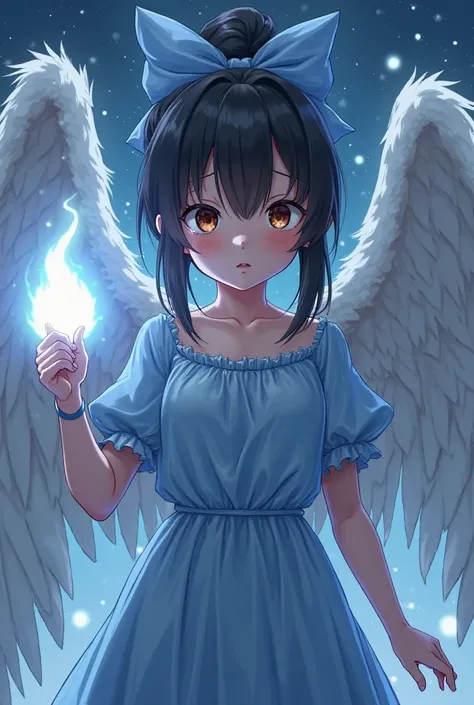  she creates an anime character with her hair tied up and black , brown eyes and delicate nose .  in her hair she has a blue bow and has a long dress of the same color .  She has wide angel wings and arms up holding a beacon of theater light in her hand.  ...