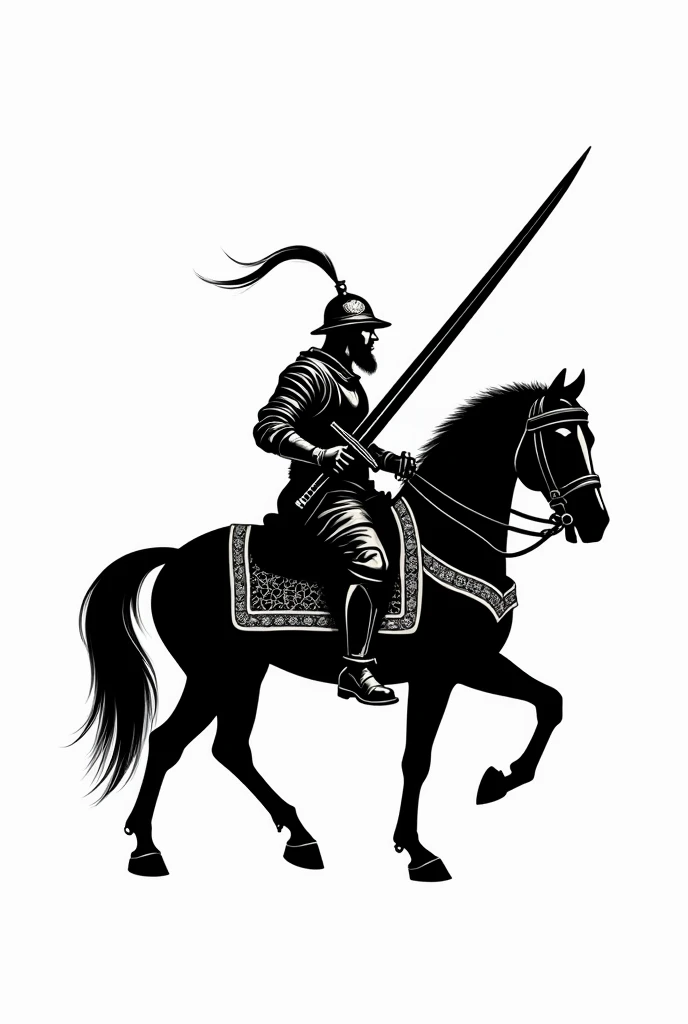 Create a black and white logo for a clothing brand of a muslim warrior wearing armour and helmet riding a horse with a damascus sword in his hand pointing upwards