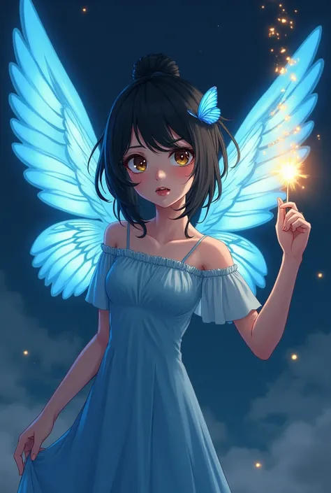  she creates an anime character with her hair tied up and black , brown eyes and delicate nose . In her hair she has a small blue butterfly on the side and she has a long dress of the same color.  She has wide angel wings and arms up holding a beacon of th...