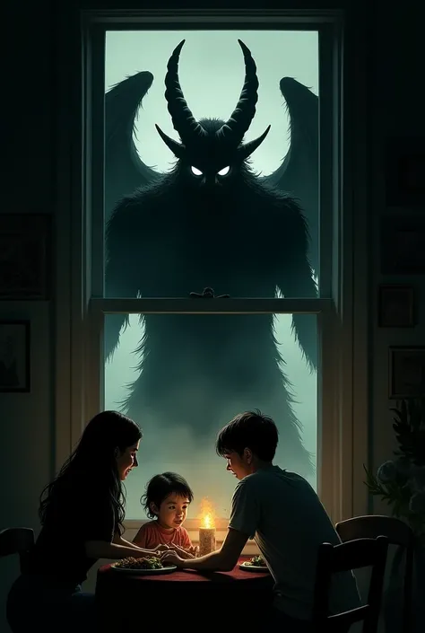 A silhouette of a monster with two heads and two wings looking through the window with white eyes of a couple in the kitchen cooking food with their daughter and son