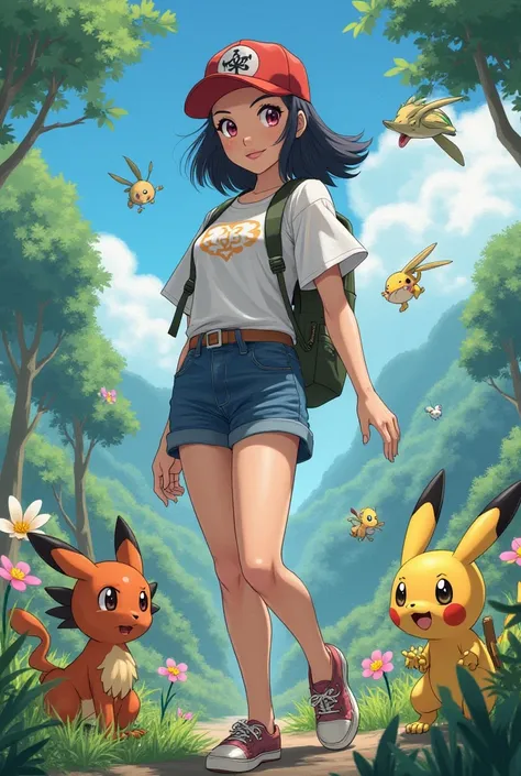 Sexy 28-year-old female character in the anime Pokémon with Pokémons playing with her Pokémon-style art 