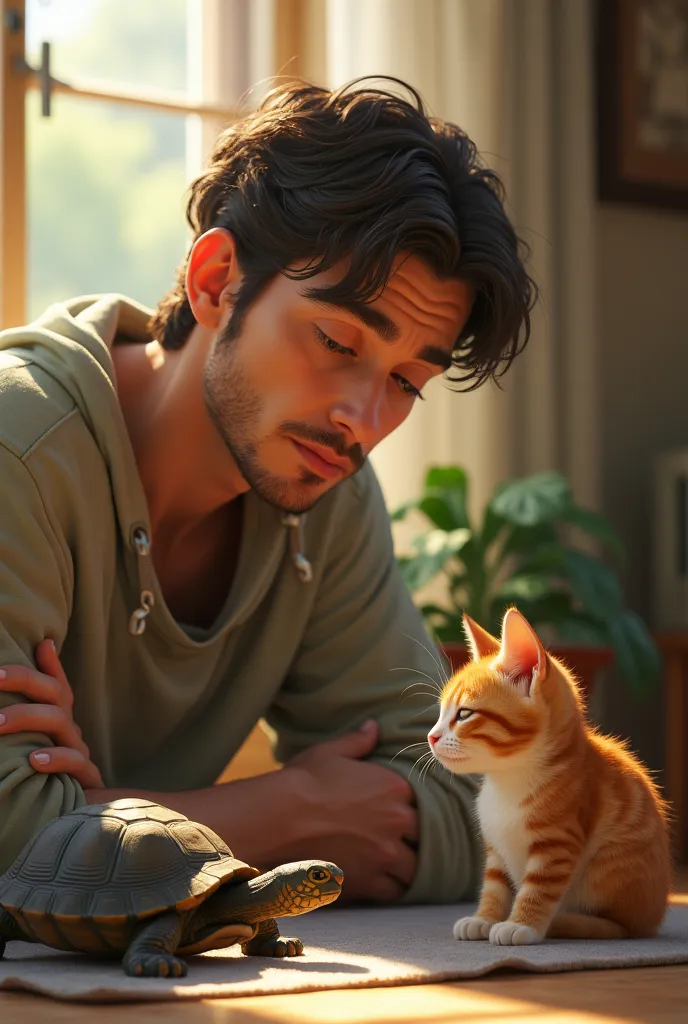 Man watching his cat watching the turtle sleeping