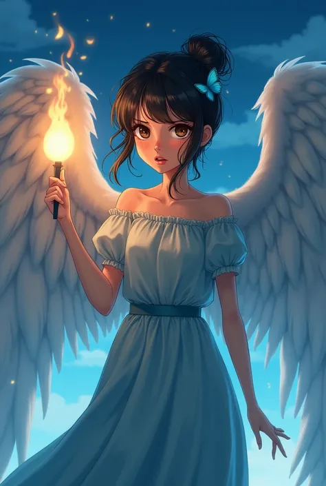  she creates an anime character with her hair tied up and black , brown eyes and delicate nose . In her hair she has a small blue butterfly on the side and she has a long dress of the same color.  She has wide angel wings and arms up holding a beacon of th...