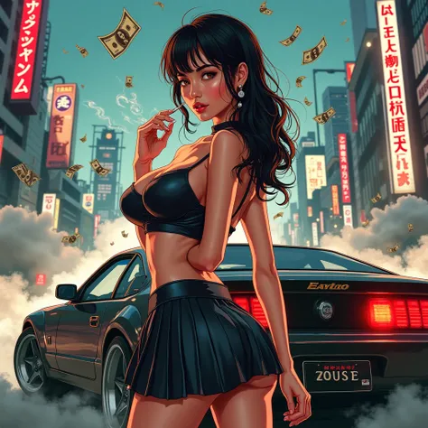 artwork of a sexy Japanese woman with big breasts smoking in front of a cool car with thick clouds and Japanese currency flying around her with Tokyo city background