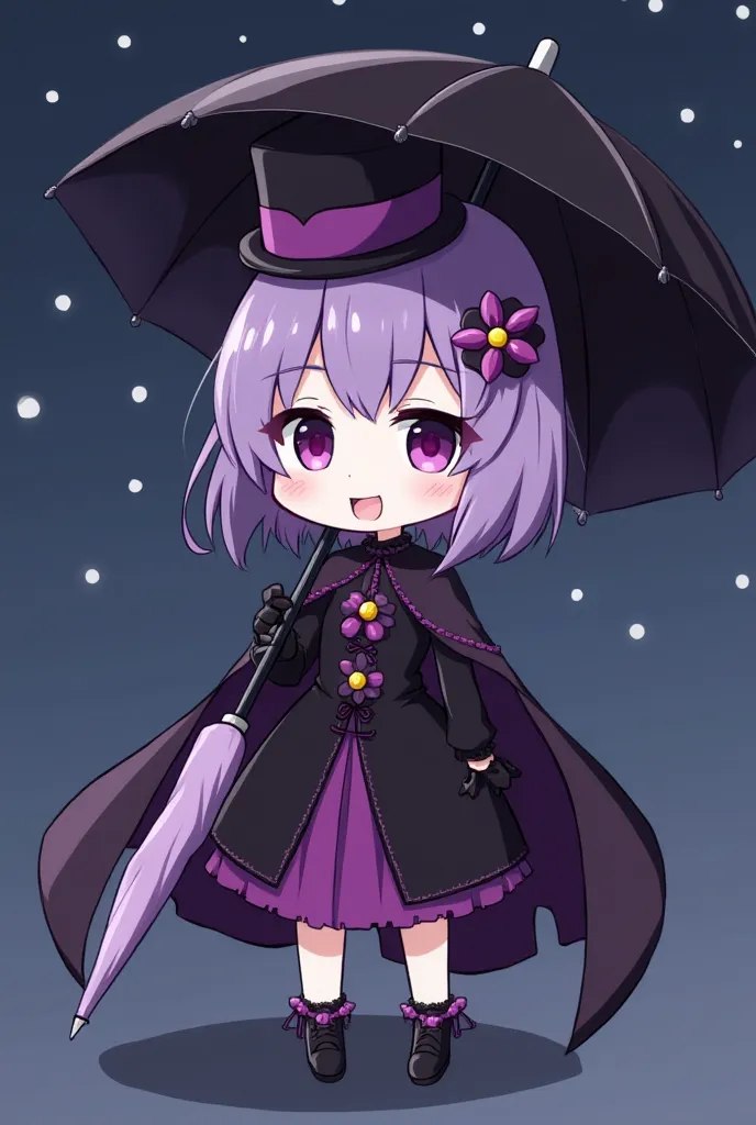 Describe a girl wearing a black and purple dress, wearing a small top hat, wearing a flower accessory in her purple hair, short and straight hair, purple eyes, holding an umbrella, wearing black and purple gloves, wearing a cape, white skin, laughing expre...