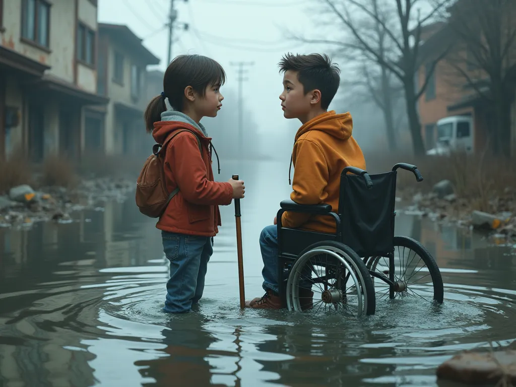 Two stranded friends, one blind and the other disabled, standing near rising floodwaters, looking worried and unsure of what to do.
