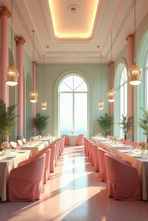 Huge realistic pastel pink and green dining room with several rectangular tables, ceiling lamps and large windows