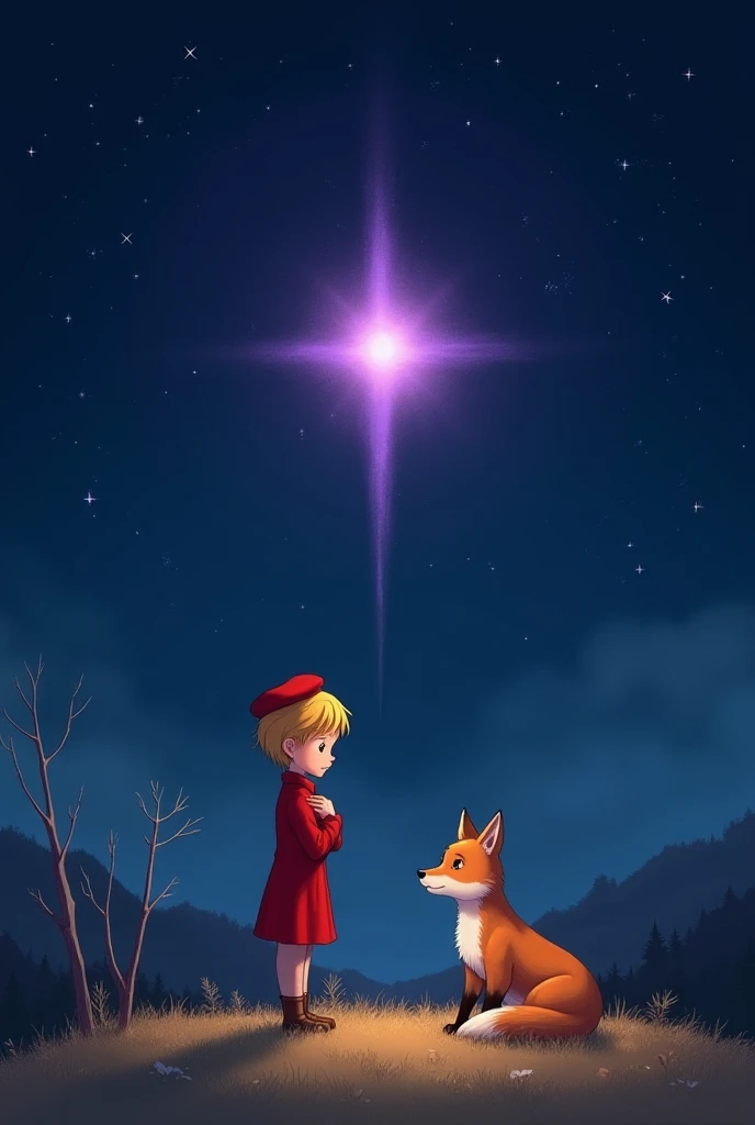  A magical and poetic setting , where the Little Prince ,  a delicate and thoughtful boy ,  with fair skin and golden hair ,  is standing on a starry field ,  with his hands slightly crossed on his chest ,  expressing a deep contemplation .  He wears his c...