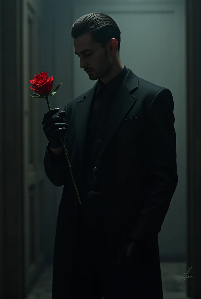 Man in a hidden looking black suit holding a red rose in his hand 