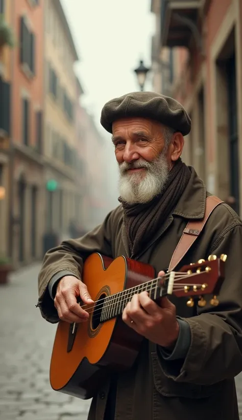 An old man wearing a beret with a small smile plays the guitar and in the back there is a blurry street.
