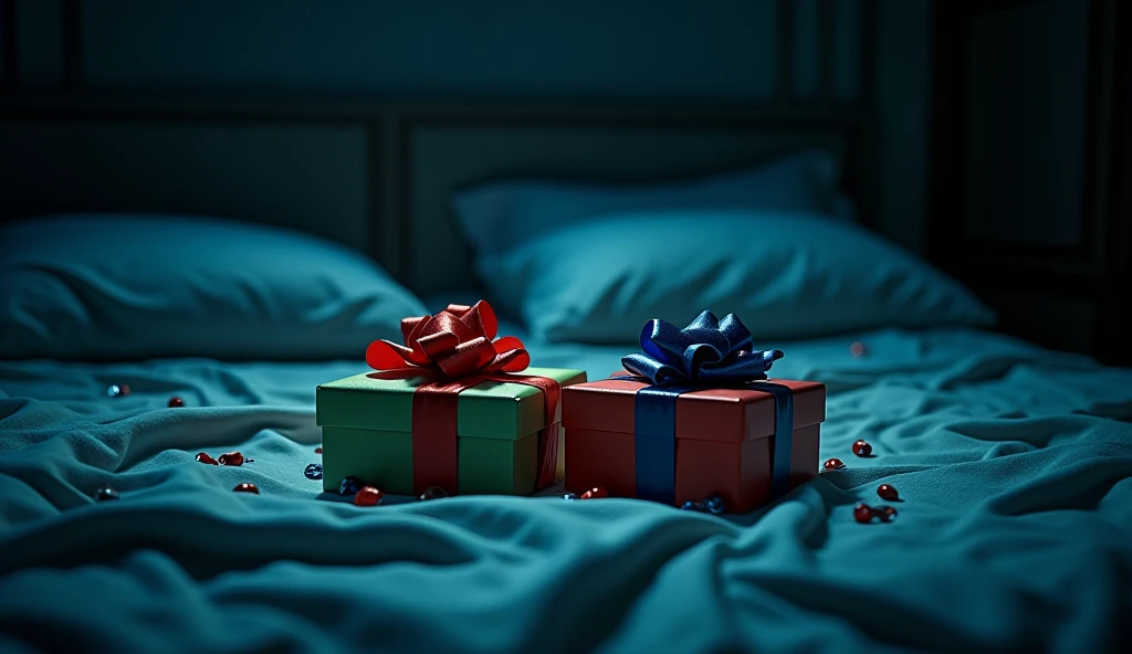 Two brightly colored gifts on the bed, horror atmosphere, realistic scenes, 4k.