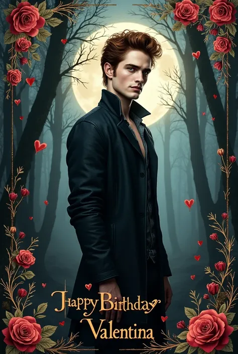 Create a greeting card featuring Robert Pattinson as Edward Cullen to wish Valentina a happy birthday