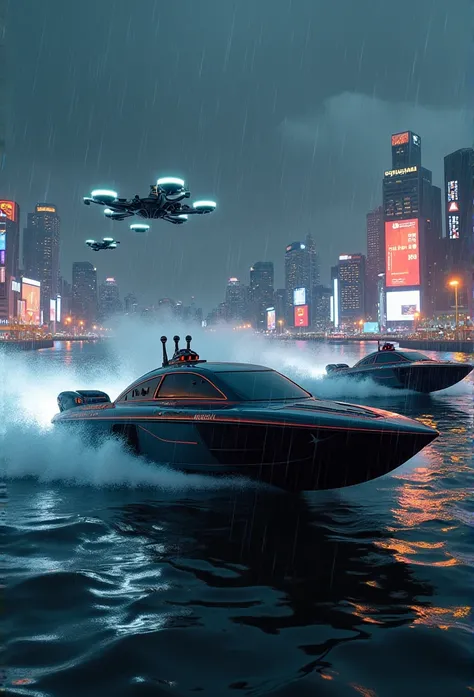 At Seattle Harbor with Skyline, high-tech speedboats are in a deadly race, Skyline,  cyberpunk, neon advertising , combat drones,  high resolution,  realistic, rain, at night, grim, 