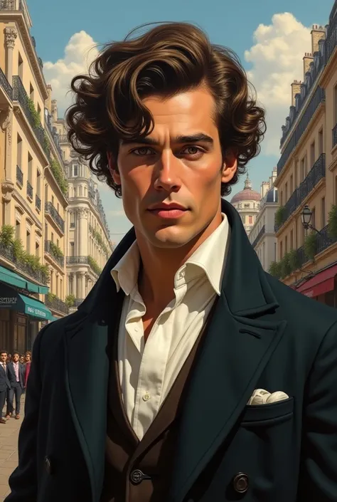 Create a handsome brunette man with French curly hair, dressed in mid-20th century clothes,  with Montmartre in the background,  extremely realistic,  in detail,  Masterpiece 