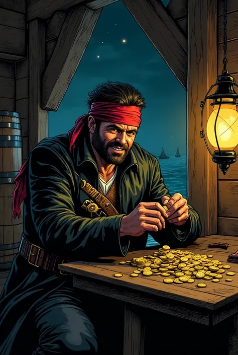 A ruthless pirate mercenary sits inside the dimly lit hull of a corsair ship, surrounded by wooden crates and barrels. He leans over a table, sifting through a pile of gold coins with a greedy smirk, the flickering lantern light casting dramatic shadows on...