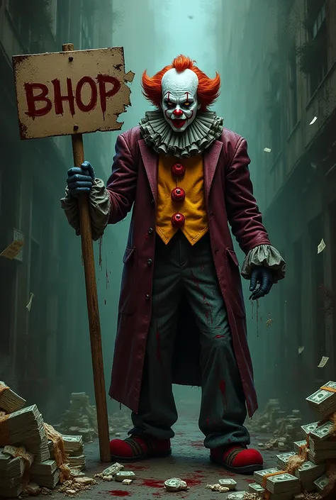 I want a murderous clown with blood and a lot of money holding an all broken sign written BHOP