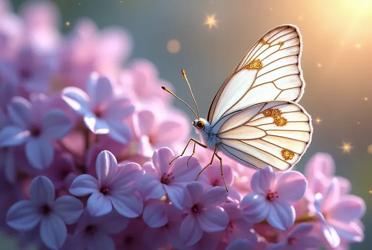 Create on the right side of the image a white butterfly with gold details placed on a lilac flower with golden particles wrapped around it, ultra realistic