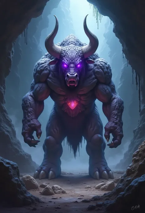 Earth elemental, body of earth interspersed with stone, crystal horn, quadruped, stands like an ox on four legs, body like an ox, head like a cube of rock, violet eyes, violet, core in the back, full body image, in a cave, DnD, Fantasy, Aggressive