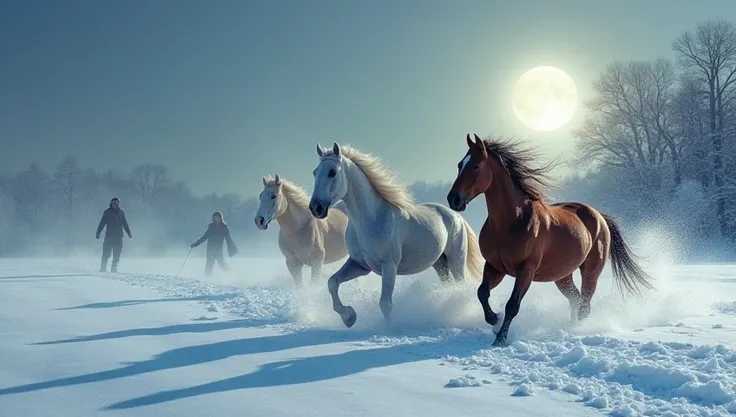  Mighty horses race across the winter field , , their manes flutter in the wind ,  Above the horizon, symbolizing the movement ,  striving forward .  Bright , the almost full Moon ,  figures throwing silver light on snowdrifts .  You can feel the tension a...