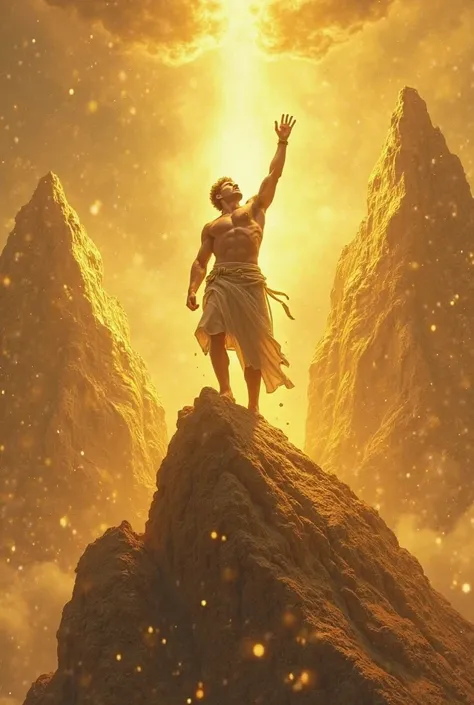 A guy on top of a mountain of s raising his hand as if reaching for something, a crown, Divinity