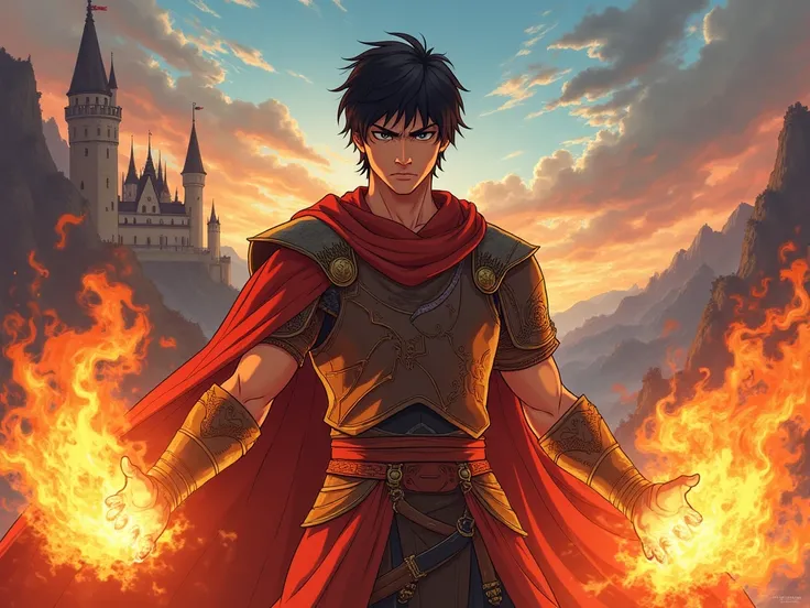 Face Warrior Prince short black hair flame power medieval anime style 