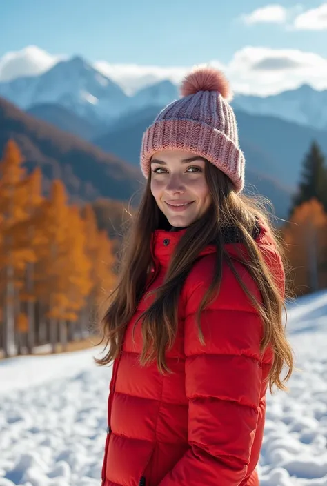  Create a beautiful brunette girl in bright ski clothes, against the background of the autumn mountains of the Carpathians in Yaremche and autumn trees on the mountains,  extremely realistic,  in detail,  Masterpiece  