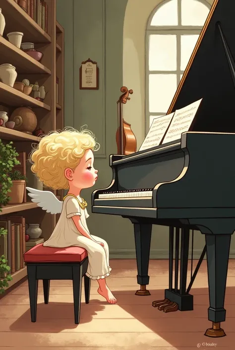 A Mafalda style design by Mozart with a peaceful face at a music store seeing the price of a piano