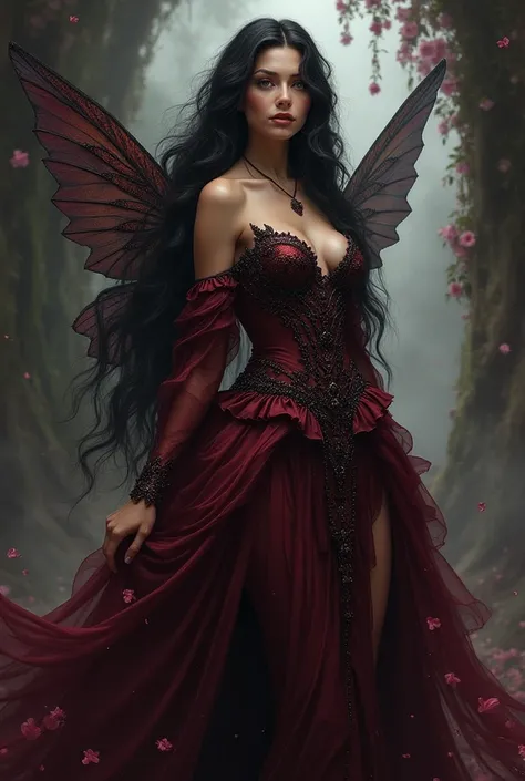 Create for me a picture of a luxurious fairy queen in wine and black with black hair named Era Vaditta 