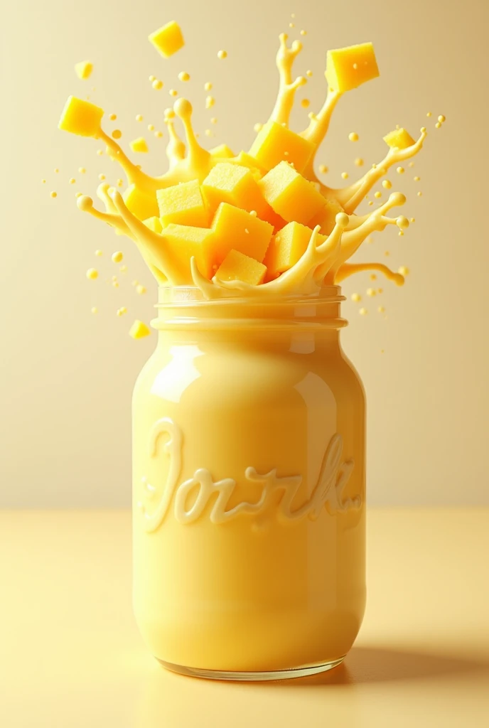  Act as an expert in graphic design . create an HD ,  Realistic, a homemade yogurt jar ,  explosion of pineapple yogurt flavor ,  with pieces of chopped fruit inside, cool design