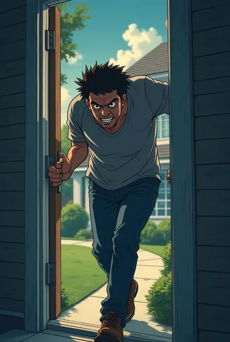 40-year-old adult man opening the door of his house and leaving with a frightened look. anime art.