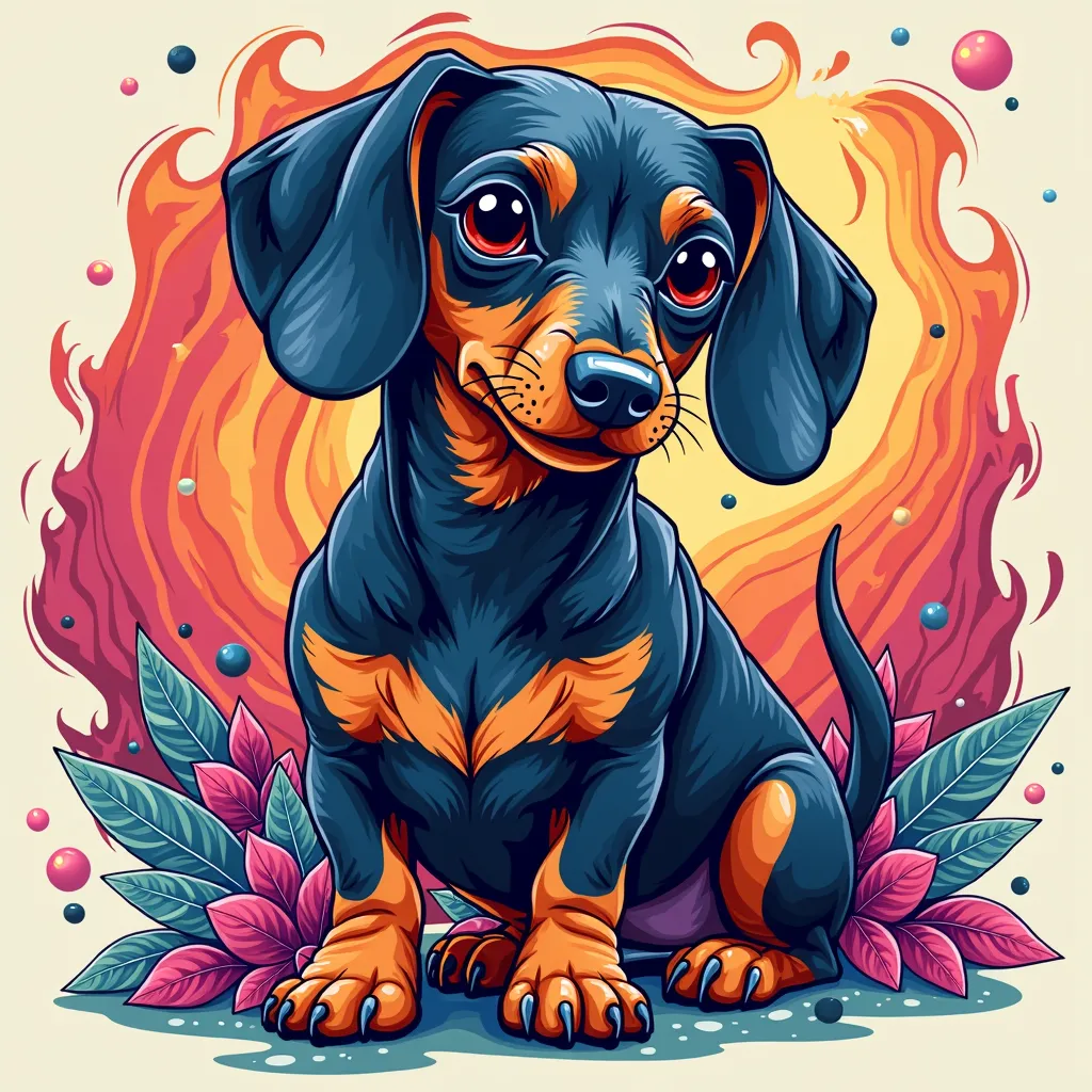  vector design for the ,  [[dachshund]  in the style of hyperdetailed illustrations with colorful cartoon-style , 
 [text " gallerix"]   in high resolution using  [colorful octane]  colors and hard edge lines  , ,  t-shirt as well as swirling details and h...