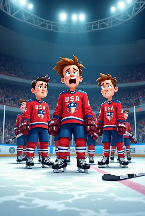 Cartoon USA hockey team crying 