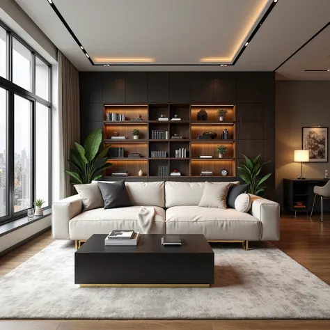 A beautifully designed modern urban living room featuring sleek, space-efficient furniture with a mix of minimalist and bold elements. A luxurious yet functional sofa bed sits in the center, complemented by a stylish coffee table with a matte black and gol...