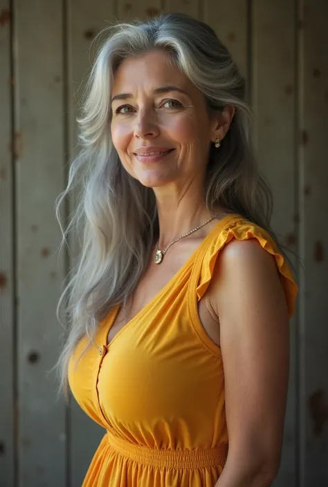 a beautiful matronly woman with abnormally huge round breasts, (((thin body))), pleasant smile, vibrant flare skirt shirtwaist dress, long gray hair, realistic profile view, looking directly at the camera, her breasts are huge, bulging, and well-rounded