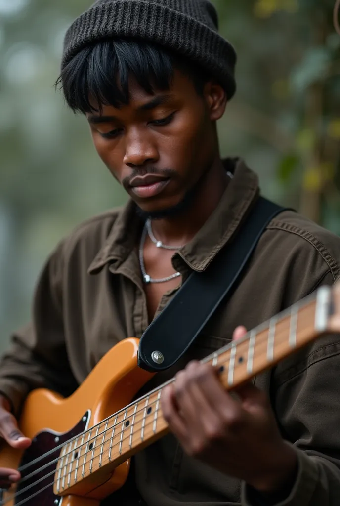 create a realistic image of a young man, with black hair, Bangs, glasses, a beanie  ( wool cap) negro,  lip piercing , wearing loose clothing that is playing the bass 