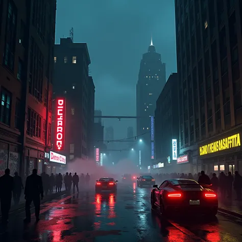 " Image of a fictional city in the FiveM universe called 'Detroit City' .  The scene takes place at night ,  with streets illuminated by neon lights .  Tall, aging buildings dominate the scene ,  and a dense fog covers the city . Luxury vehicles and high-p...