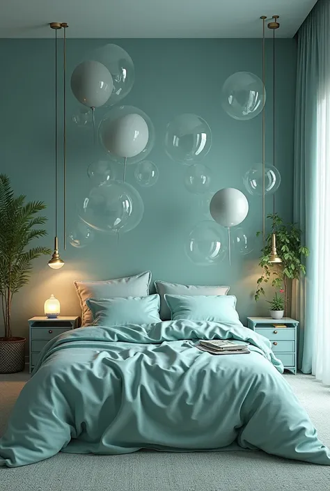 Bedroom with teal sheets  , hanging bedside bedside tables and large decorative bubles in the wall behind the bed 