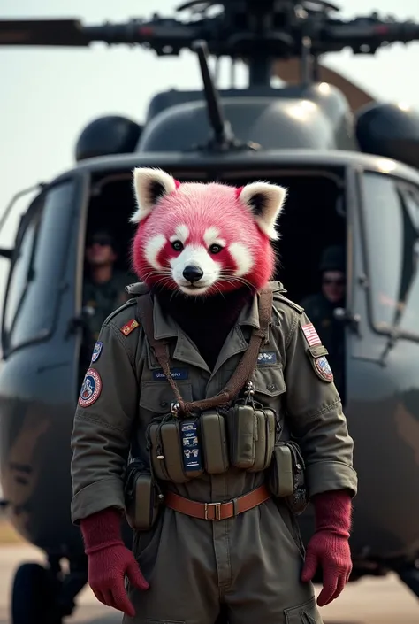 "A heroic pink-winged, pink-furred panda warrior, strong and muscular, stands confidently at the open door of an American military helicopter. Dressed in an elite pilot's uniform, his sharp features and commanding presence radiate authority. The rotor blad...