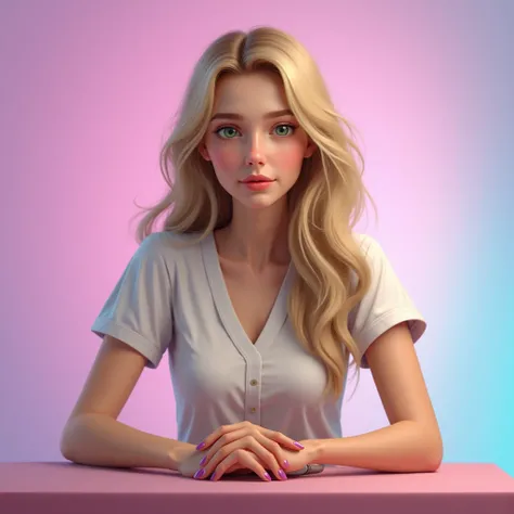 Realistic Beige long hair,  green eyes, Groomer girl, ringworm on a table on a pink purple-blue background