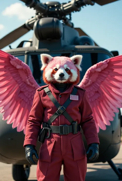 "A heroic pink-winged, pink-furred panda warrior, strong and muscular, stands confidently at the open door of an American military helicopter. Dressed in an elite pilot's uniform, his sharp features and commanding presence radiate authority. The rotor blad...