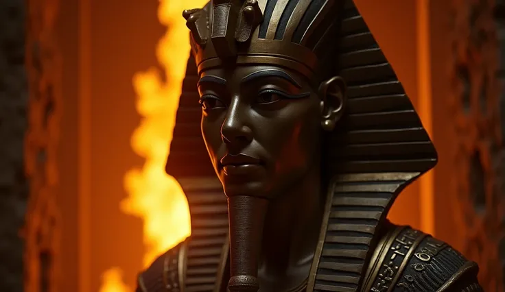 Close-up image of the face, only the face showing, camera close-up of the face, he is looking at the viewer, Egyptian face wearing an Egyptian crown, pharaoh, giving a close-up of his face, in front of him you can see a flash of flames coming from inside a...